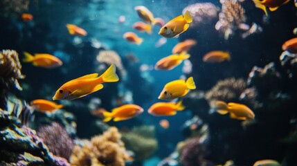 Obraz premium School of yellow fish swims through a vibrant coral reef.