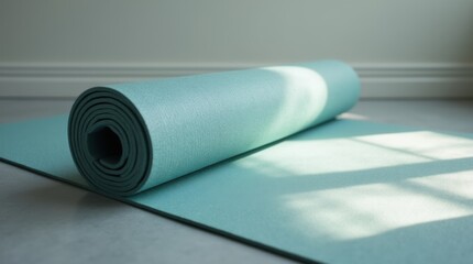 Rolled Yoga Mat with Soft Shadows on Gray Floor