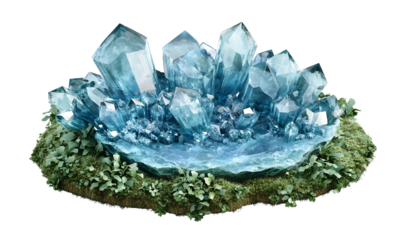 Blue crystals cluster, moss base, dark background, fantasy setting