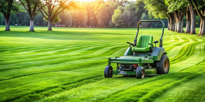A zero turn lawn mower glides smoothly across a lush green lawn, cutting grass with precision and leaving behind a neat edge, outdoor gardening, green lawn