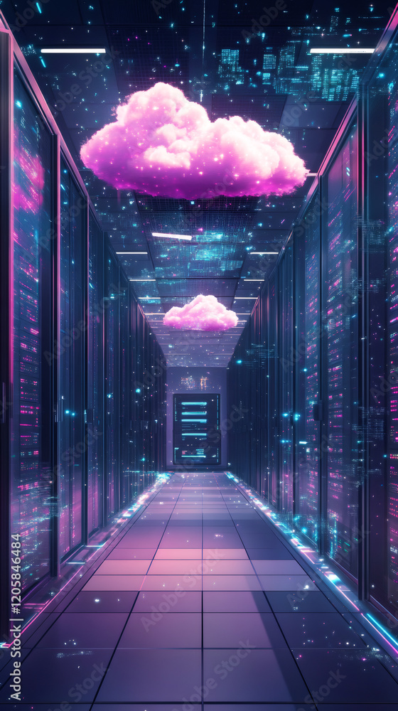 Poster server racks with glowing lights and digital data forming pink clouds, symbolizing cloud computing a