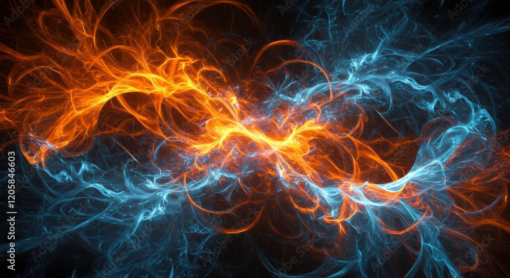 Poster fire and ice: an abstract digital art piece where fiery orange flames intertwine with icy blue curre