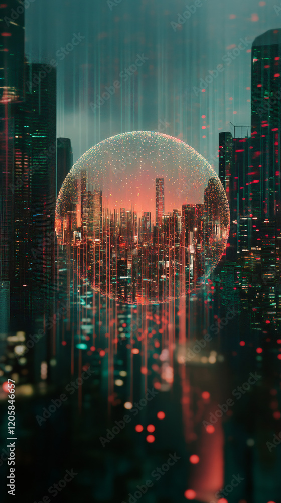 Aufkleber data streams reflecting on a futuristic cityscape, surrounded by a glowing digital sphere, create a 