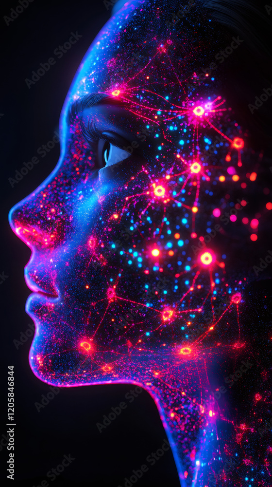 Poster woman's profile silhouetted against luminescent neural network, representing advanced technological 