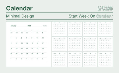 Calendar 2026 minimal design the week starts on Sunday