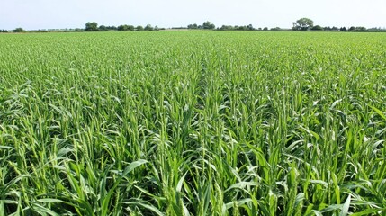 Obraz premium Lush green wheat field, rural landscape, sunny day, growth, agriculture