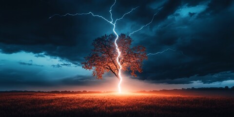 Obraz premium Electrifying Lightning Storm Striking Solitary Tree in Dramatic Landscape