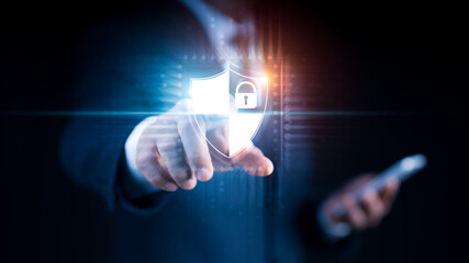 A businessman with a padlock on a global networking connection, insurance firm, internet firewall, data protection and network security, and criminal cyber protection.