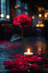 Gros plan rose rouge, pétales doux, lumière chaude, ambiance romantique