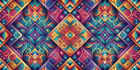Vibrant Swirls and Geometric Shapes Intertwined in a Rich Tapestry of Color and Design