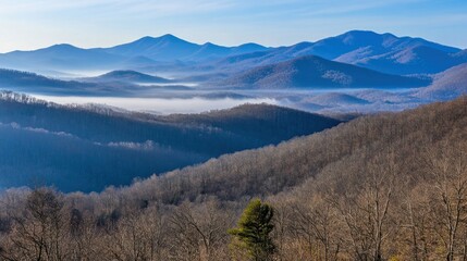 Obraz premium Mountain valley sunrise mist, autumn foliage, scenic vista, travel poster