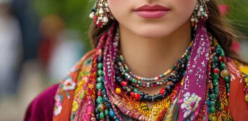 Fototapeta premium A young woman showcases intricate beaded necklaces and colorful fabric in her traditional attire at a lively cultural festival. The event is filled with energy and local festivities.
