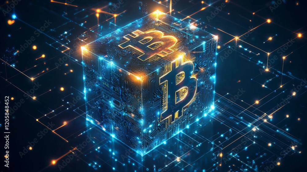 Poster bitcoin cube: abstract futuristic tech background