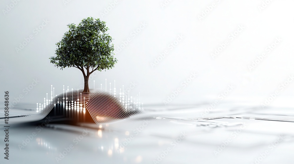 Wall mural tree icon with binary branches and digital profit curve on a clean white background, symbolizing bus