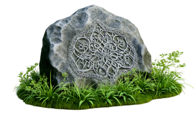 Carved stone, nature, intricate design, grass, background, garden, decoration, 3D render, website
