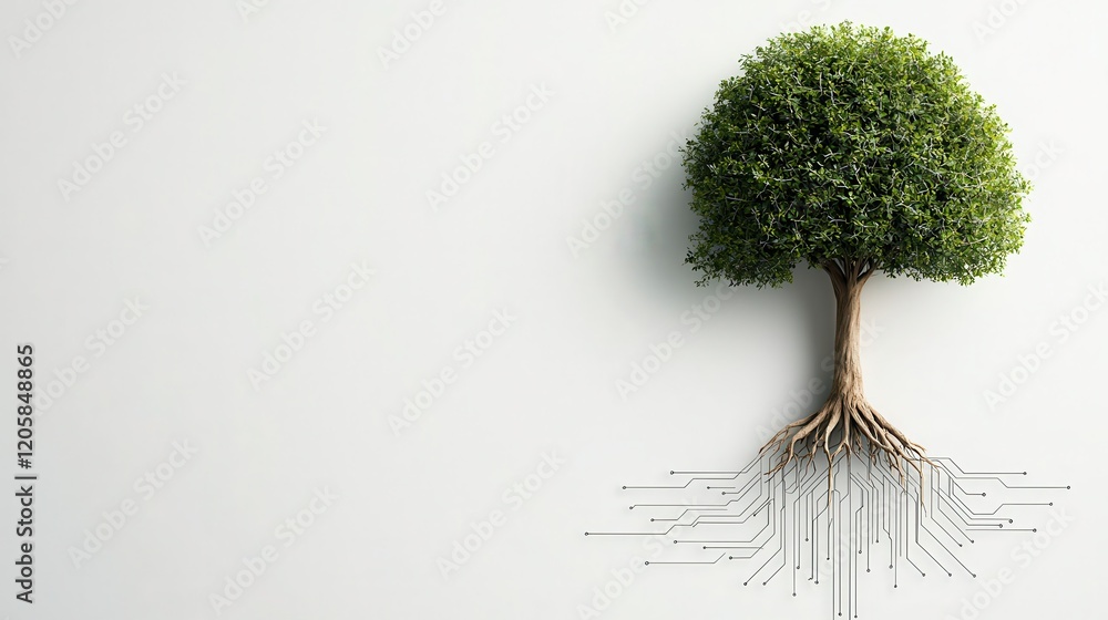Wall mural modern tree icon with digital circuit roots on a white background, representing the fusion of nature