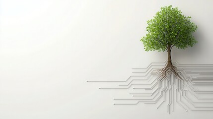 A sleek tree icon with roots intertwined in a digital circuit, representing the fusion of nature and technology for business growth