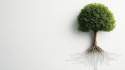 Modern tree icon with digital circuit roots on a white background, representing the fusion of nature and technology in business growth