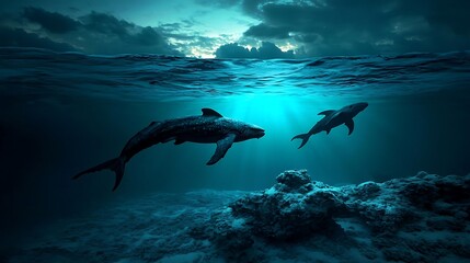 Sharks swimming underwater, ocean sunset, dark water, reef