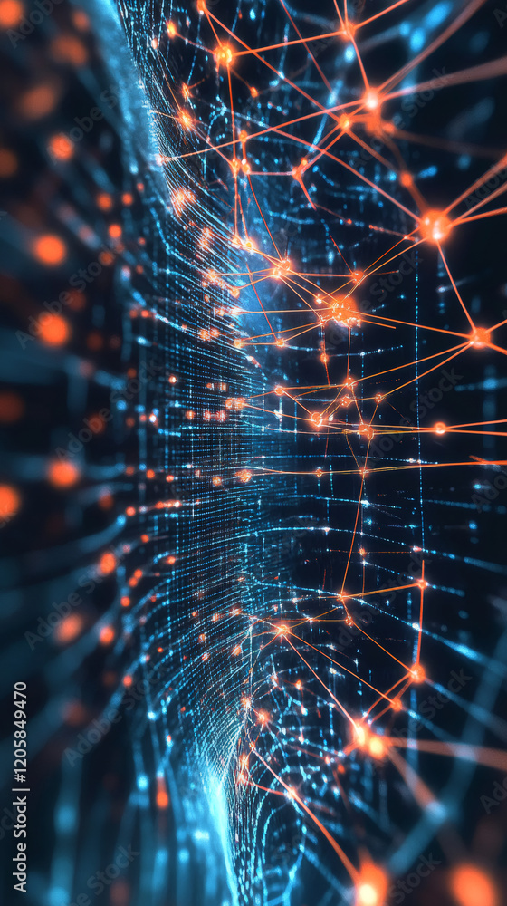Fototapete orange lines connecting bright nodes creating a complex network on a blue digital background, perfec