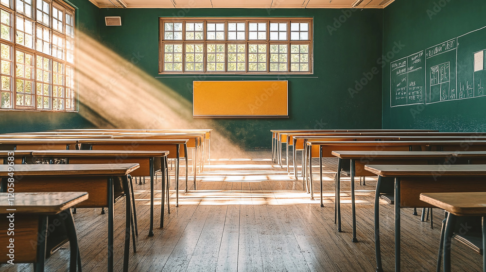 Poster an empty classroom with wooden desks and chairs bathed in warm sunlight streaming through large wind