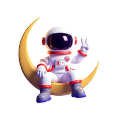 astronaut sitting on a crescent moon peace sign gesture, large helmet visor
