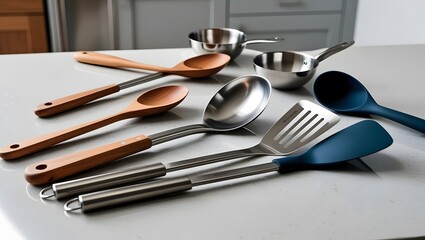 Kitchen Utensils: Wooden, Stainless Steel, and Blue Silicone Spoons and Ladles
