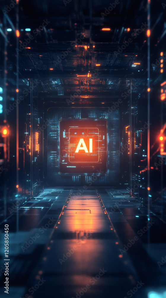 Aufkleber sleek server room hallway highlighting glowing ai emblem, symbolizing advanced machine learning tech