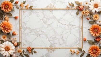 : A sophisticated floral frame with orange accents on a marble backgroun