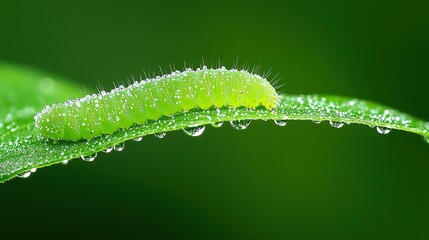 Fototapeta premium Green Caterpillar on Leaf with Dew Drops, Close-Up of Caterpillar in Natural Habitat, Caterpillar Resting on Fresh Green Leaf