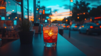 A refreshing drink sits on a black table, its vibrant colors glowing against the backdrop of a bustling street. The sunset paints the sky with warm hues as city lights begin to twinkle