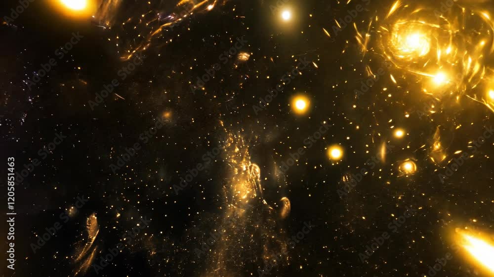 Poster cosmic journey through a golden universe filled with stars and galaxies in a mesmerizing display of 