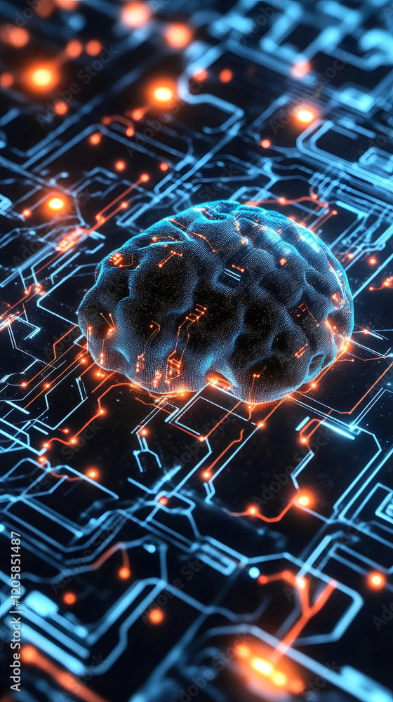 Poster ai brain resting on circuit board, representing neural network processing and machine learning techn