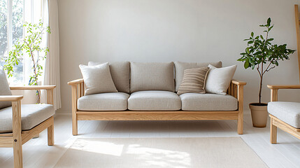 A serene living room with light wood furniture, white floors, a beige wool carpet, and a grey sofa, accented by a small potted plant near a sunlit window. 