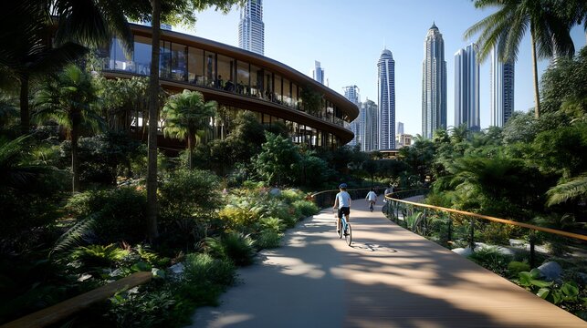 Dubai's Urban Oasis: Cyclists on a Lush Pathway with Modern Skyscrapers in the Background