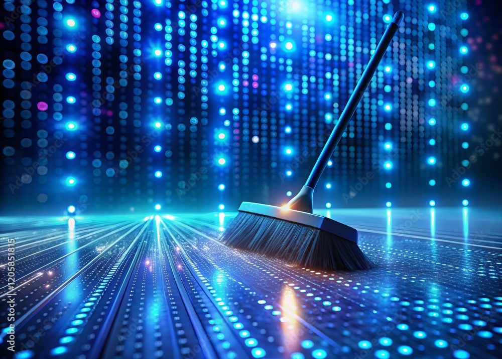 Poster digital data cleaning: broom sweeping binary code at night