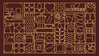Line Art Coffee Time Design in Geometric Style, Geometric Pattern on a Chocolate Background