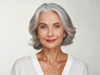 Fototapeta premium Adult senior older woman touching her perfect skin. Beautiful portrait mid 50s aged woman advertising facial anti age lift products salon care tighten skin 