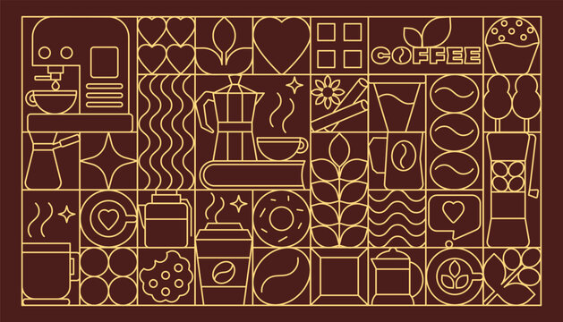 Line Art Coffee Time Design in Geometric Style, Geometric Pattern on a Chocolate Background