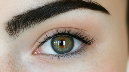 Obraz premium A close-up of a person's eye highlights the intricate patterns of green and brown hues in the iris
