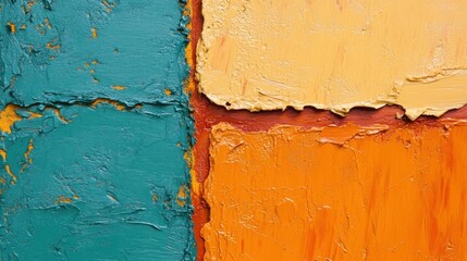 Teal, orange, yellow impasto art texture background
