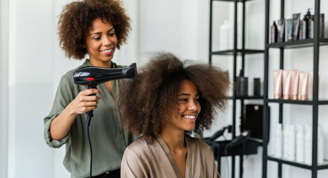 African american women engaged in hair styling session in modern salon setting