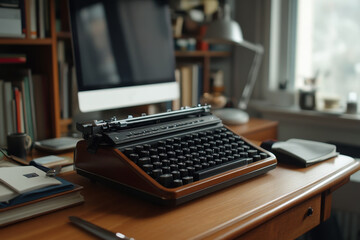 Vintage typewriter resting on a wooden desk beside a modern computer in a cozy home office