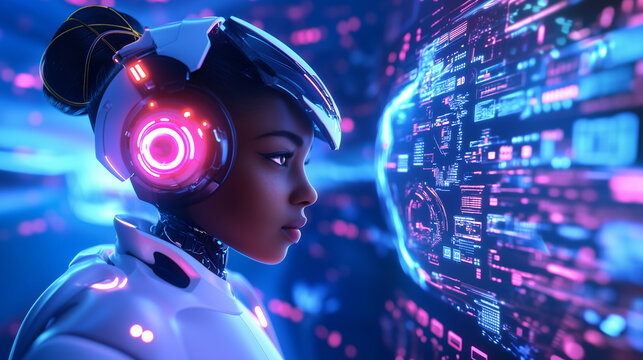 Imagine a robot android woman who begins to develop a sense of self-awareness and seeks to understand her place in the world. Explore her journey of self-discovery as she navigates