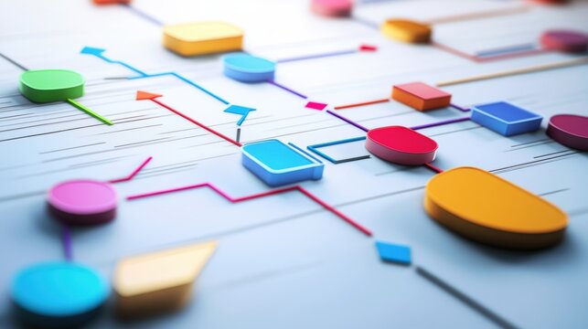 Complex flowchart representing a business process management system with colorful interconnected shapes and lines symbolizing workflow, data flow, and decision making processes