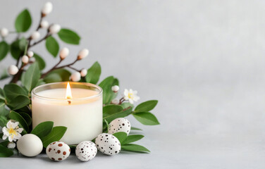 Spring decor. Lit candle with greenery and decorative eggs. 