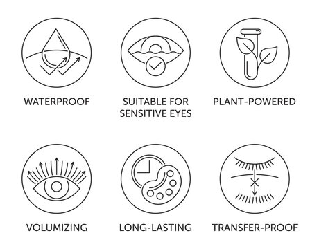 Mascara properties and benefits icons set in thin line