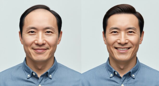 Asian adult male in blue shirt displaying positive expressions for professional headshots or profile