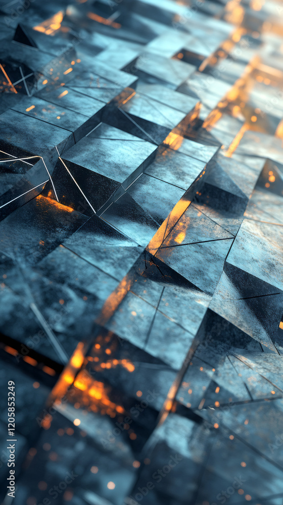 Fototapete metallic cubes forming a complex and futuristic geometric pattern with orange lights, creating an ab