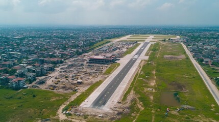 Airport runway construction, aerial view, city expansion